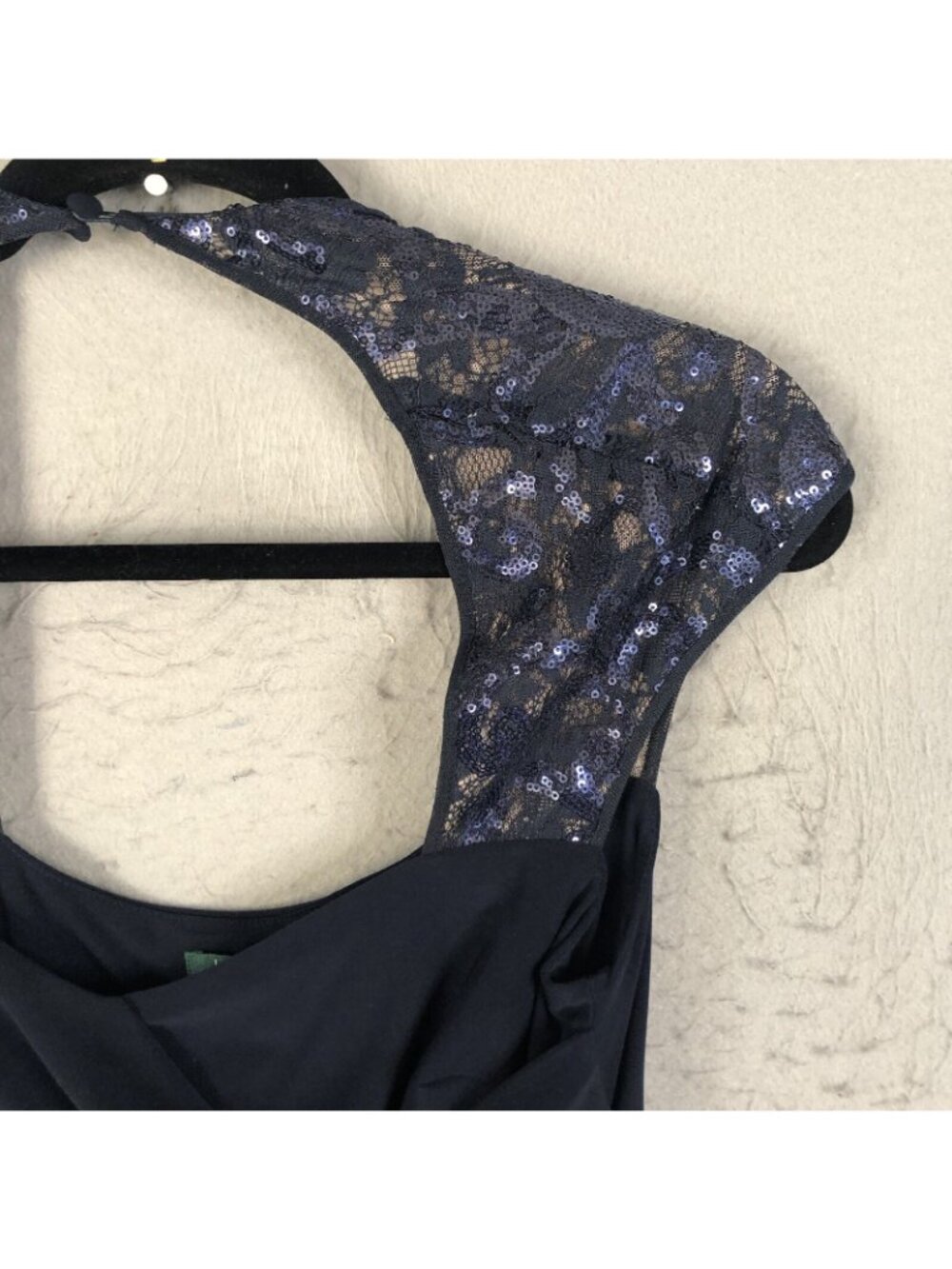 statement Dress Womens 10 Navy Blue Fitted Sequin Sleeves Formal - Picture 12 of 16